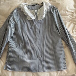 J. Crew Navy and White Striped Top with Lace Detail